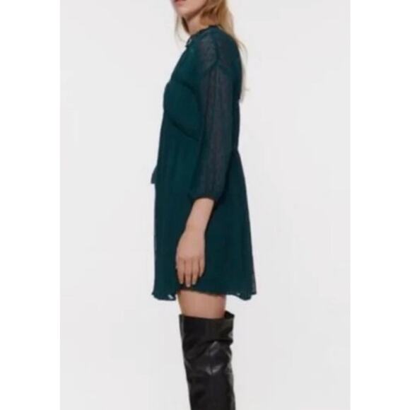 Zara Loose Fit Flowy Dress-Dark Green-Semi Sheer Sleeves-Size XS - Picture 1 of 6